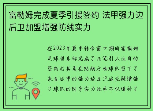 富勒姆完成夏季引援签约 法甲强力边后卫加盟增强防线实力