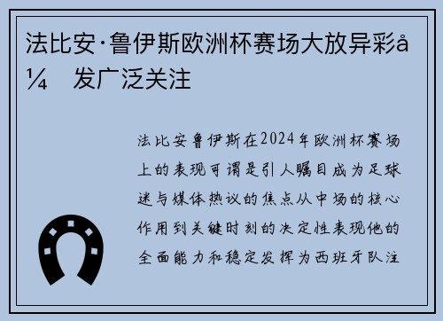 法比安·鲁伊斯欧洲杯赛场大放异彩引发广泛关注
