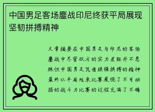 中国男足客场鏖战印尼终获平局展现坚韧拼搏精神